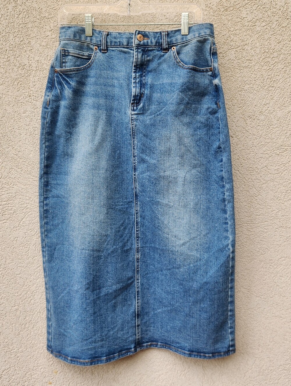 BOSTON PROPER Womens Denim Skirt Size 10 Blue Midi Cotton Stretch Back Vent Boho